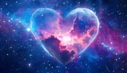 Wall Mural - Glowing heart-shaped nebula floating in a deep blue space, surrounded by sparkling stars, wi