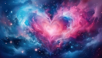 Wall Mural - Heart-shaped nebula emitting a soft pink light, surrounded by tiny twinkling stars, with a g 