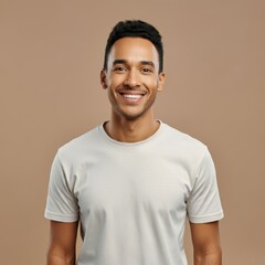 Wall Mural - portrait of man, white t-shirt, jeans, smiling expression, flat background, studio light, clear details, natural colors