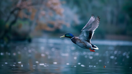 Mallard Duck: Mallard duck flying over a lake.