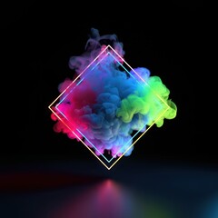 Colorful neon smoke inside a glowing diamond shape on a dark background, concept of modern design template. 3D Rendering