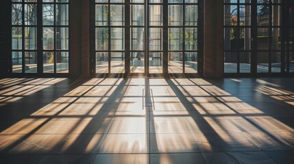 Canvas Print - Sunlight is shining through glass doors of a modern office building, casting shadows on the floor