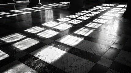 Canvas Print - Monochrome photo of sunlight filtering through windows, casting a striking play of light and shadow on a marble floor