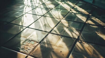 Canvas Print - Sunlight shining through glass block window, casting shadows and creating a geometric pattern on the surface below