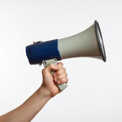 megaphone, held in hand, close-up, white background, communication, announcement, black and silver megaphone, minimalistic, simplicity, isolated object