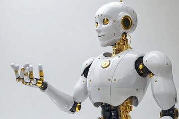 Sticker - Autonomous white humanoid robot equipped with a golden mechanical arm in a lab setting