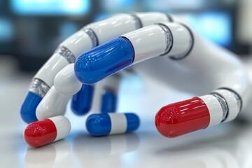 Poster - Robotic hand sorting colorful pills in a symbolic gesture of healthcare automation