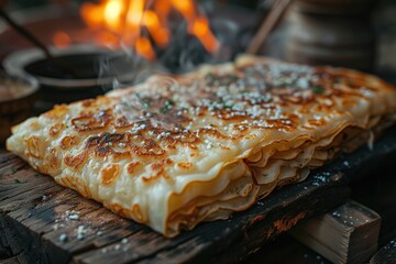 Poster - Crispy Pancakes on a Wooden Board with a Fire in the Background