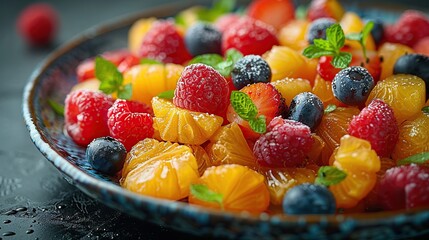 Wall Mural - Delicious Fruit Salad with Tangerine, Raspberry, and Blueberry