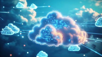 3D render of clouds with data and cyber network on a blue background