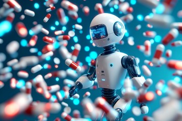 Poster - Tiny robot navigating through a colorful pharmaceutical landscape symbolizing innovation in healthcare