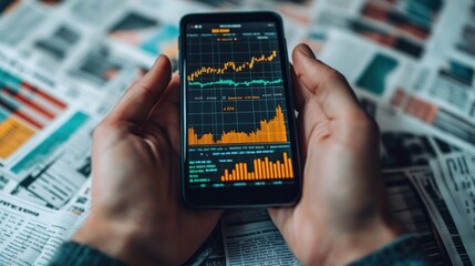 Wall Mural - a close-up of hands holding a smartphone with a stock trading app.