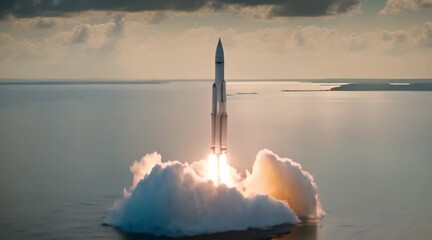 Wall Mural - A rocket ascending from a floating launchpad in the middle of the ocean.
