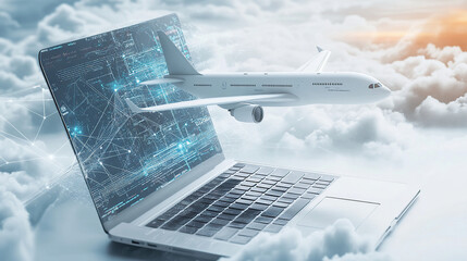 3D rendering of an airplane flying over a laptop with a digital data and cloud technology background concept