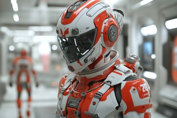 Sticker - White and red humanoid robot in a dynamic pose symbolizing agility and precision in robotics