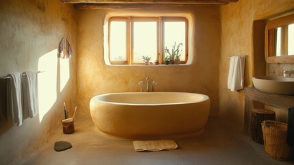 A rustic bathroom with a freestanding tub, wooden accents, and a window with a view of nature.