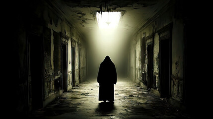 Wall Mural - Silhouette of a mysterious creepy figure in an abandoned dark hallway, gloomy solitude haunting shadow, light from above an ominous hooded person