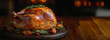 © VeloonaP - Thanksgiving turkey on a plate. roast chicken with garnish on a plate. Fall thanksgiving table with roasting chicken or turkey food on black background