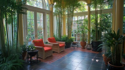 Two wicker chairs with red cushions sit in a sunroom with large windows and green plants.