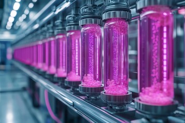 Poster - Automated Production Line with Pink Test Tubes in a Futuristic Lab