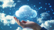 © 沈军 贡 - A hand holding a cloud icon with a glowing effect on a dark blue background