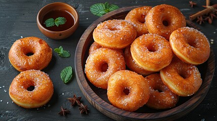 Wall Mural - Sweet Doughnuts with Sugar Glaze on Wooden Plate