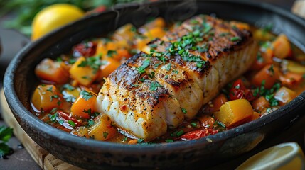 Wall Mural - Grilled Cod with Steamed Vegetables