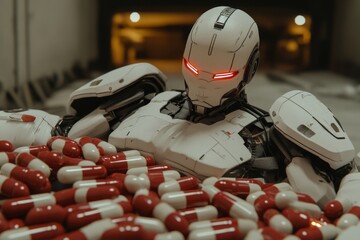 Sticker - Red and White Robotic Figure Lying Among Medication Depicting Overconsumption