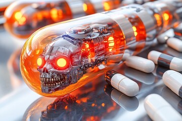 Poster - Robot with a reflective face surrounded by a cloud of colorful pills symbolizing innovation