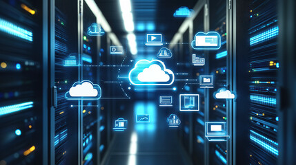 Digital illustration of cloud storage technology with icons and data connection in server room background