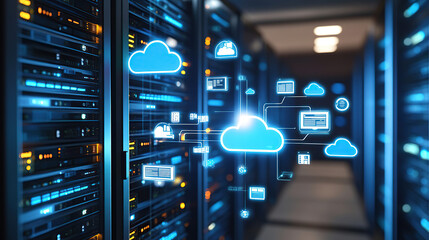 Digital illustration of cloud storage technology with icons and data connection in server room background