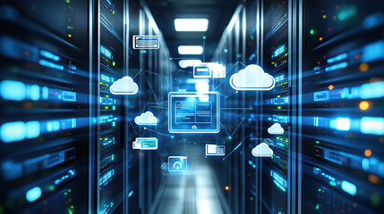 Digital illustration of cloud storage technology with icons and data connection in server room background
