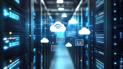 Digital illustration of cloud storage technology with icons and data connection in server room background