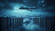 © 沈军 贡 - digital air flight background with airplane flying over dark blue digital clouds and computer server rack in data center