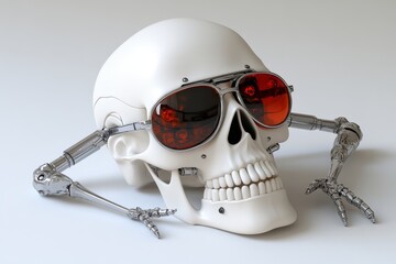 Sticker - White robotic skull with sunglasses and cybernetic arms embodying a fusion of fashion and technology