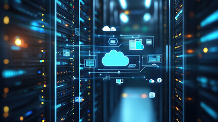 Digital illustration of cloud storage technology with icons and data connection in server room background