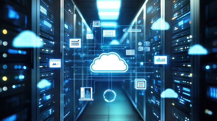 Digital illustration of cloud storage technology with icons and data connection in server room background