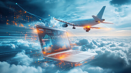 3D rendering of an airplane flying over a laptop with a digital data and cloud technology background concept