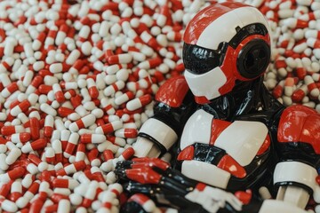 Sticker - Red and white robotic toy sitting on a bed of capsules representing the playful aspect of technology in medicine