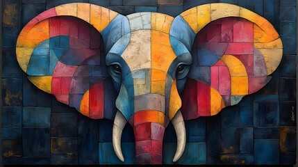 Auspicious Elephant in Abstract Art: An elephant illustrated in abstract forms and bright colors, emphasizing contemporary strength and prosperity