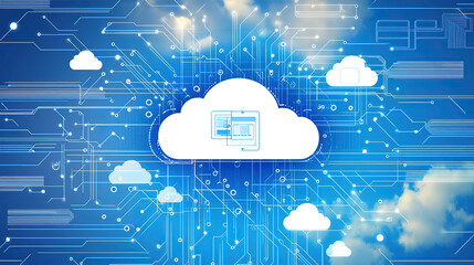 A cloud icon surrounded by circuit patterns and tech symbols