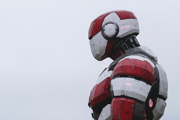 Poster - Red and white armored humanoid robot in a side profile view showcasing the strength and precision of advanced robotics