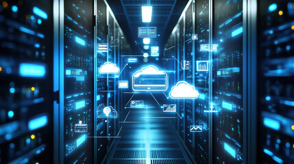 Digital illustration of cloud storage technology with icons and data connection in server room background