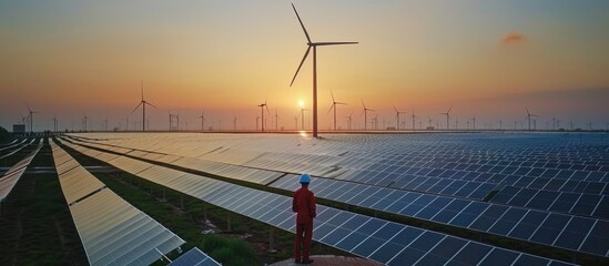 Solar and Wind Farm at Sunset