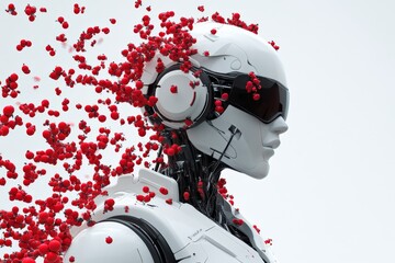 Poster - Humanoid robot with capsules exploding from its head symbolizing the impact of pharmaceuticals on AI development