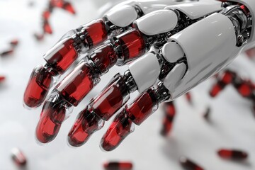 Sticker - Robotic hand with red tipped fingers symbolizing the precision and impact of technology in modern healthcare