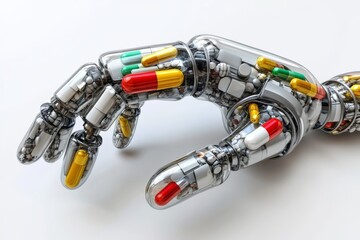 Poster - Metallic robotic hand with multicolored capsules embedded in its fingers representing the fusion of technology and medicine