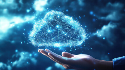 A hand holding a cloud icon with a glowing effect on a dark blue background
