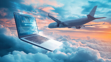 3D rendering of an airplane flying over a laptop with a digital data and cloud technology background concept