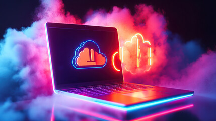 Laptop with neon cloud computing ICONS on the screen